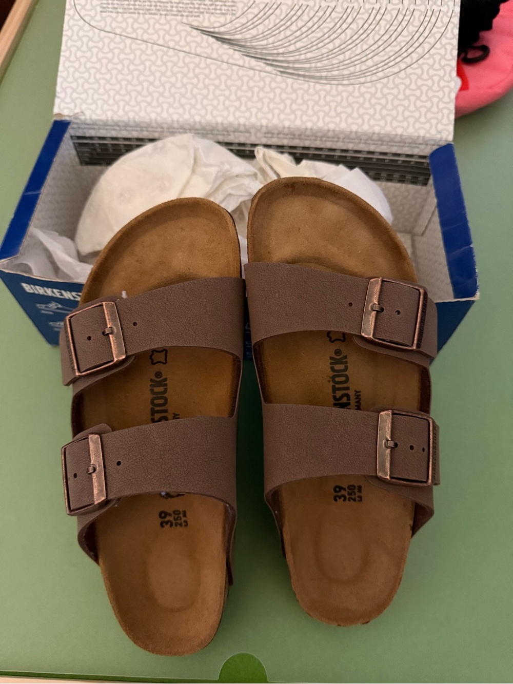 Birkenstock Arizona Double-Buckle Sandals in Brown with Bronze Buckles